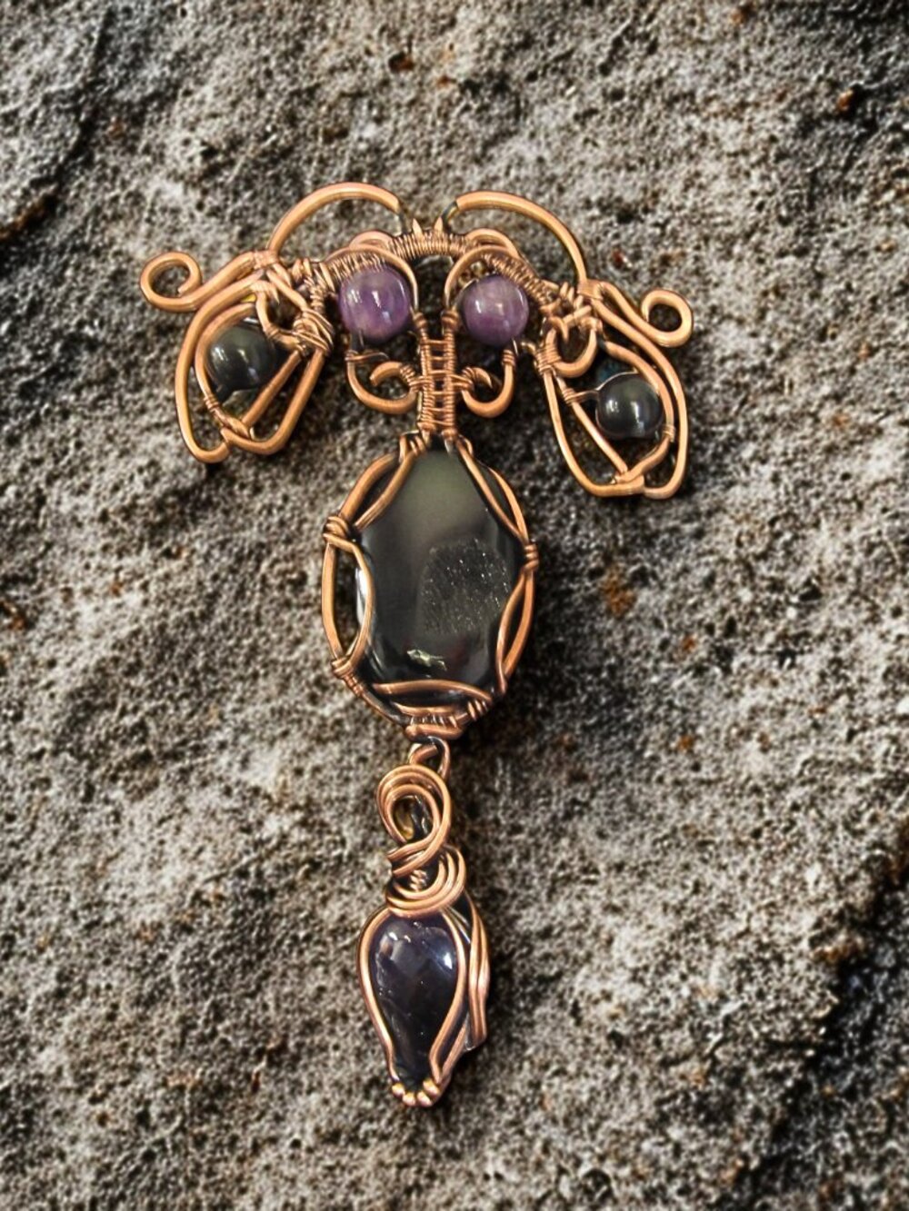 Handmade Wire wrapped Statement Necklace w/ Amethyst, Obsidian Druzy, Copper - Picture 6 of 8